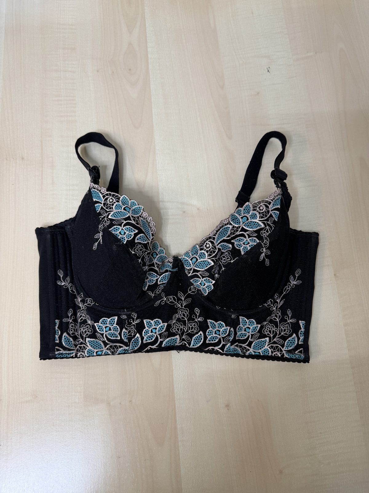Corsé bralette negro bordado floral turquesa vintage lencería — foto 2