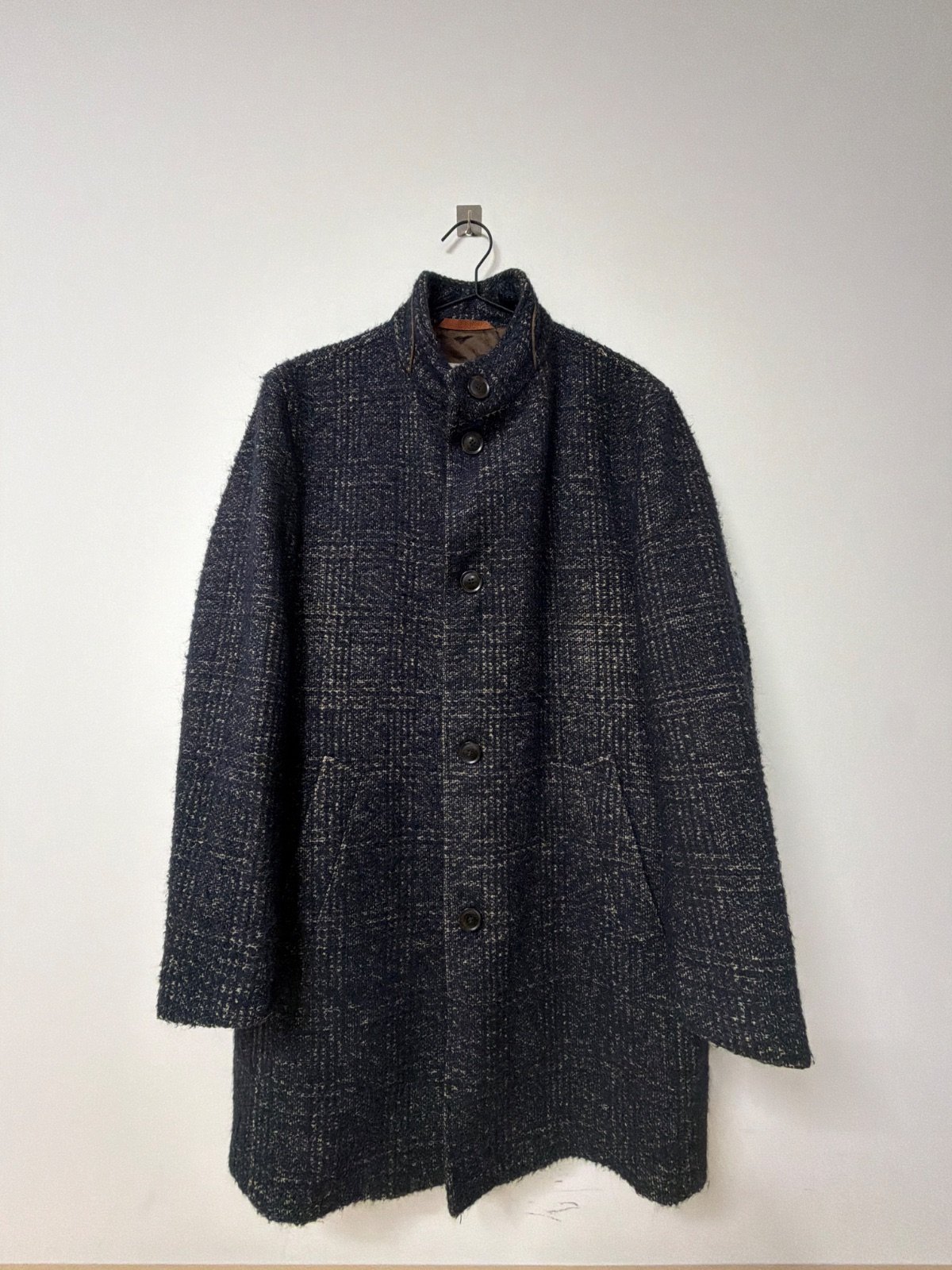 Abrigo tweed jaspeado azul marino cuello mao vintage clásico