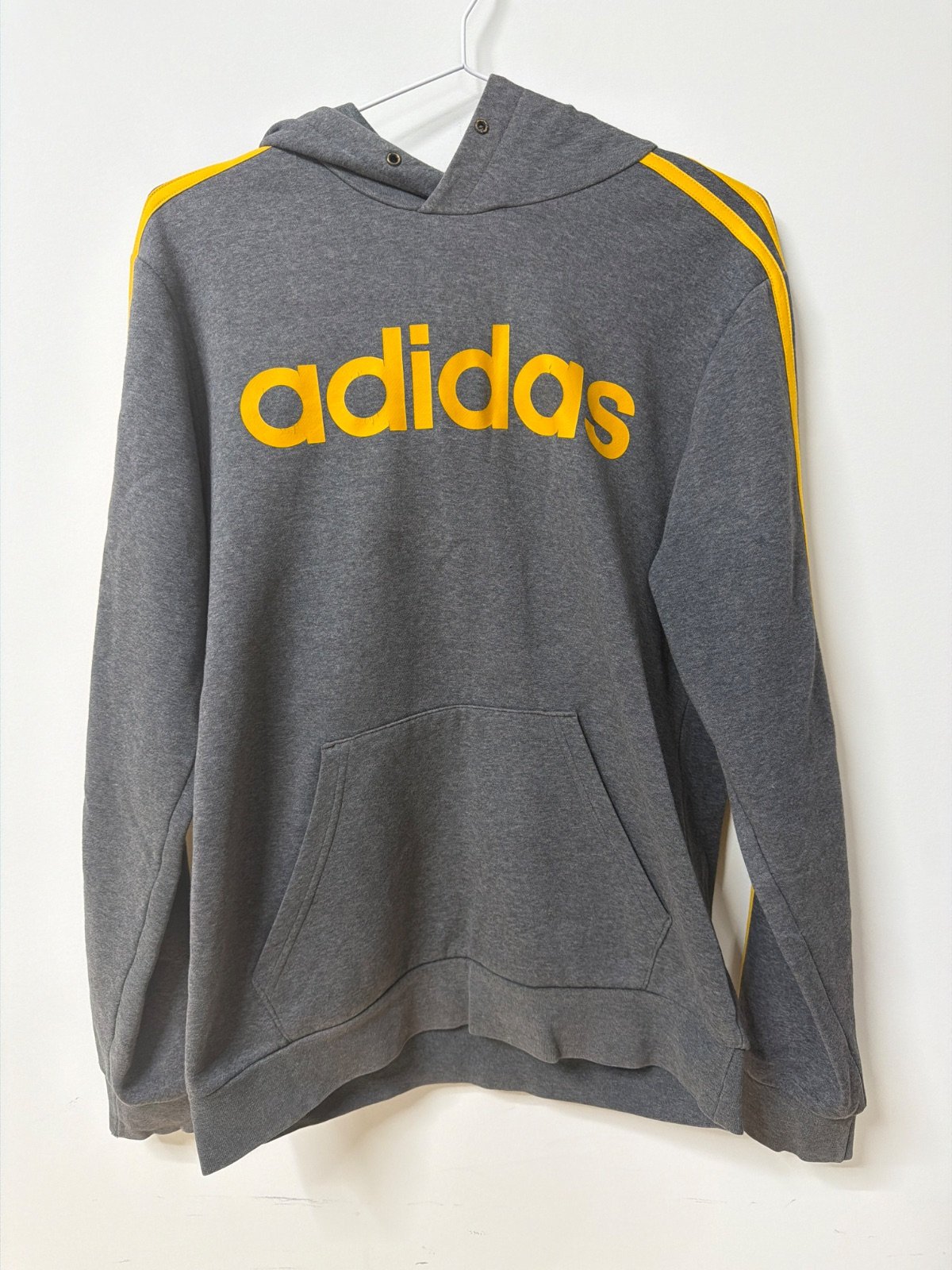 Sudadera Adidas capucha gris logo amarillo Streetwear Vintage