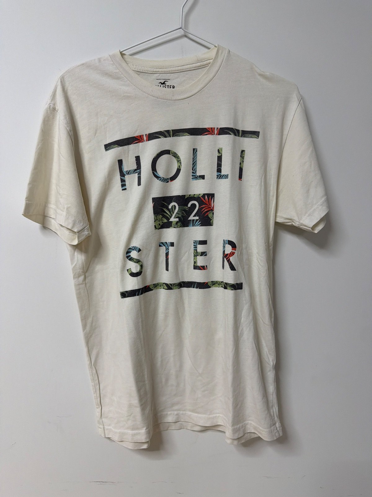 Camiseta Hollister blanca M estampado tropical vintage surf