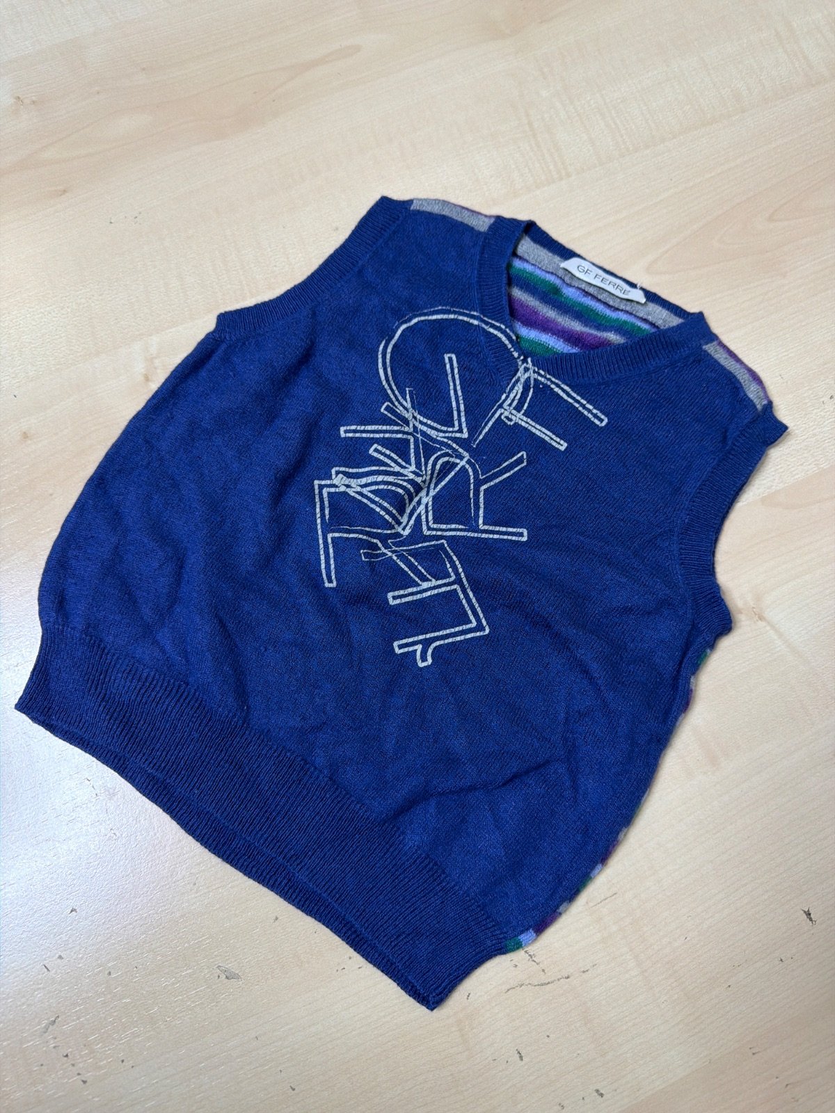 Chaleco de punto vintage GF Ferré azul con logo bordado - Talla 4 Años (4A)