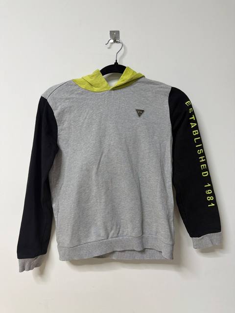 Guess sudadera capucha niño talla 10 gris negro amarillo neón