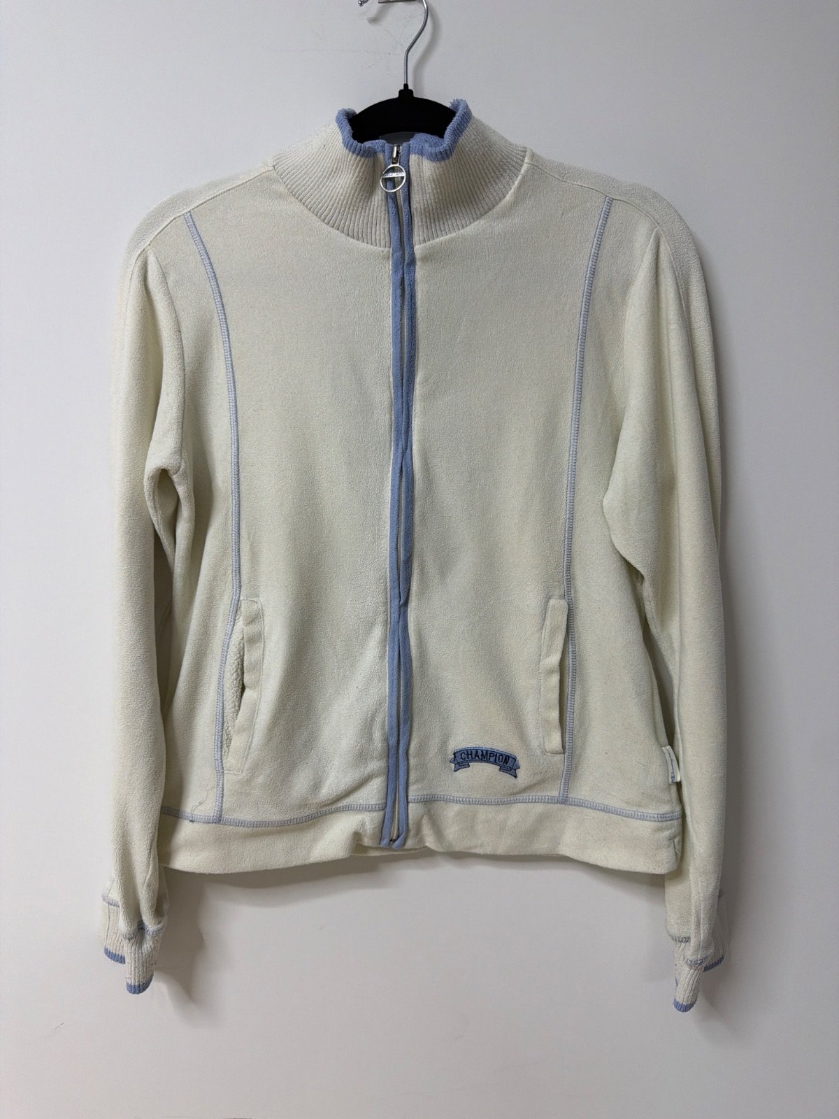 Champion Fleece Zip Jacket Cream Off-White Light Blue Contrast Stitching Y2K