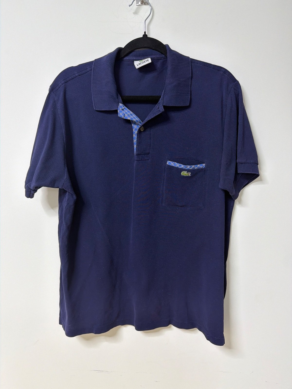Vintage Lacoste Navy Blue Polo Shirt Plaid Trim Pocket Size 4 / Medium