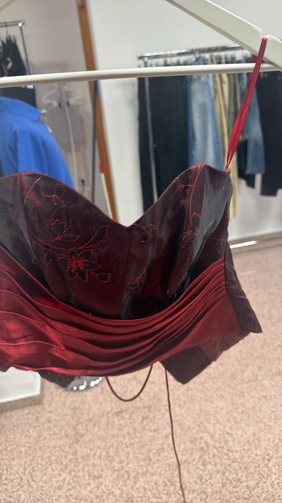 Vintage Y2K Burgundy Red Floral Embroidered Bustier Top Satin Pleats Size 38